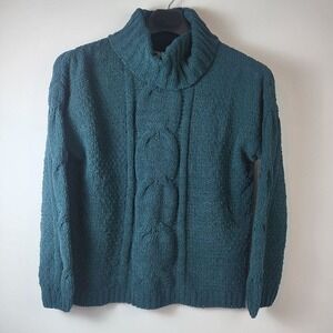 Seven7 Pullover Chenille Sweater Women Large Teal Cowl Neck Long Puff Sleeves